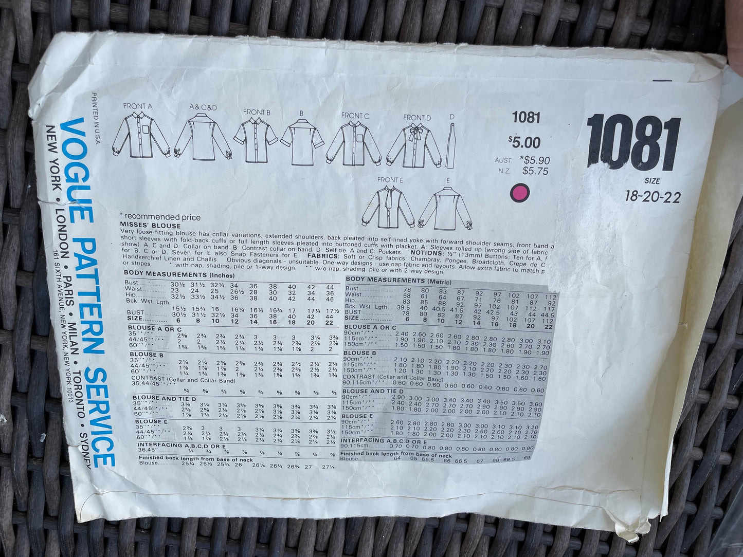 UNCUT Vintage Sewing Pattern from 1983 - Vogue's Basic Design 1081 Misses Blouse - Sizes 18, 20, 22