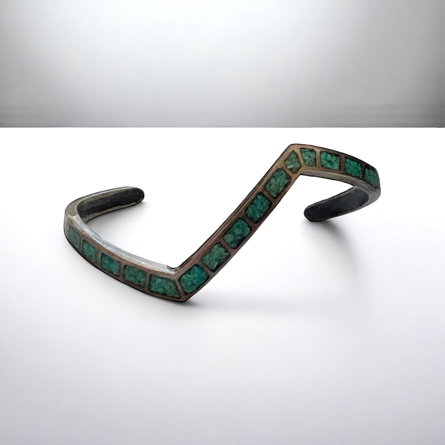 Sterling silver and inlaid turquoise vintage cuff bracelet - uniquely shaped