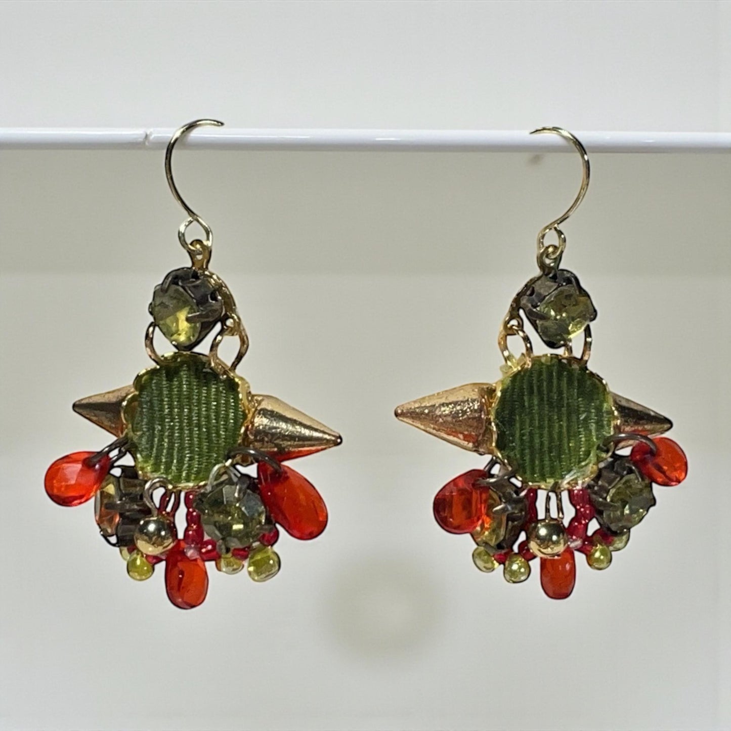 Handmade Mixed-Material Christmas Earrings – Green and Red - includes Fabric, Metal, Faux Crystal and Glass - Holiday Dangles