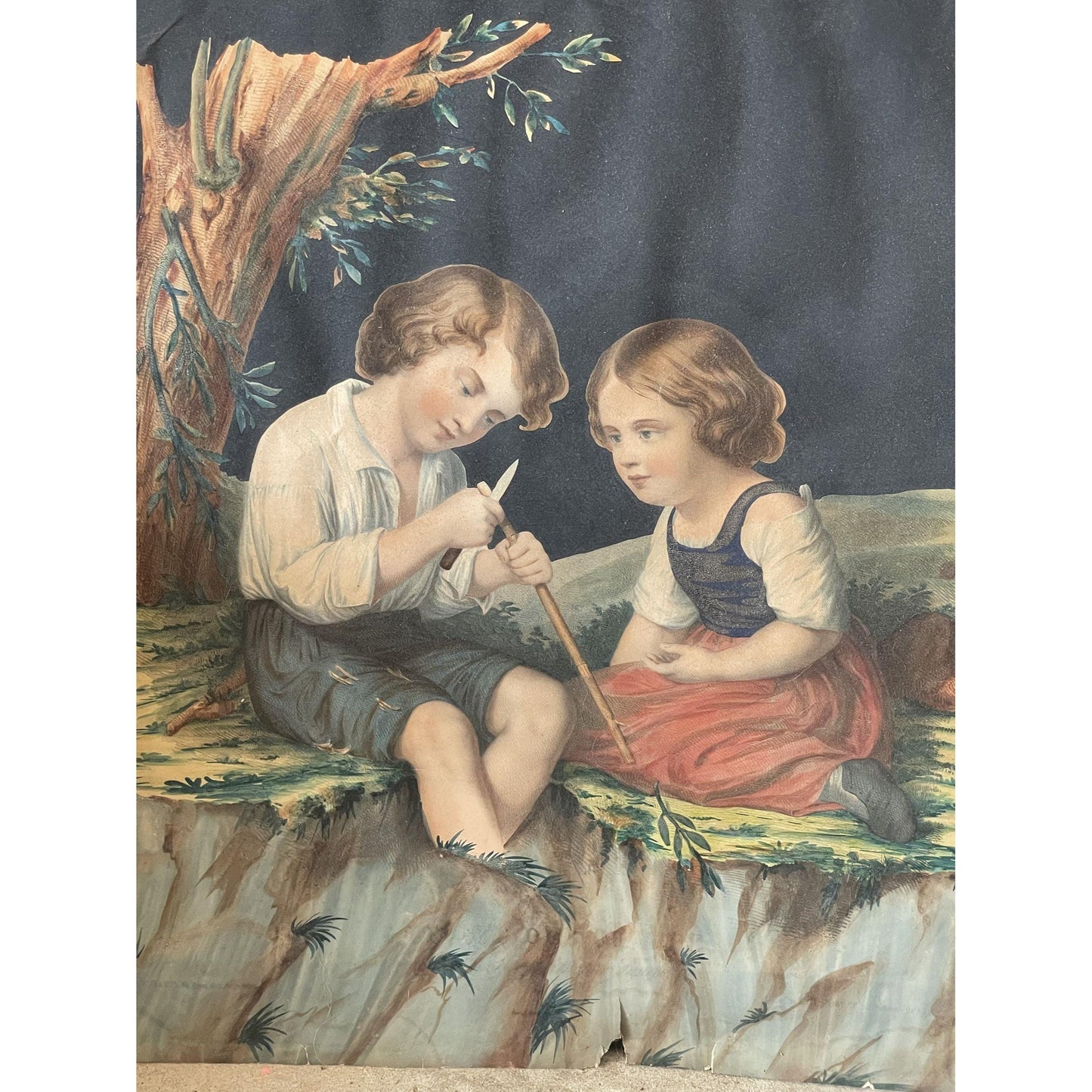 Antique Victorian Chromolithograph Print After Johann Baptist Hengartner | The Young Artists | 19th Century Wall Art | Child Pastoral Scene