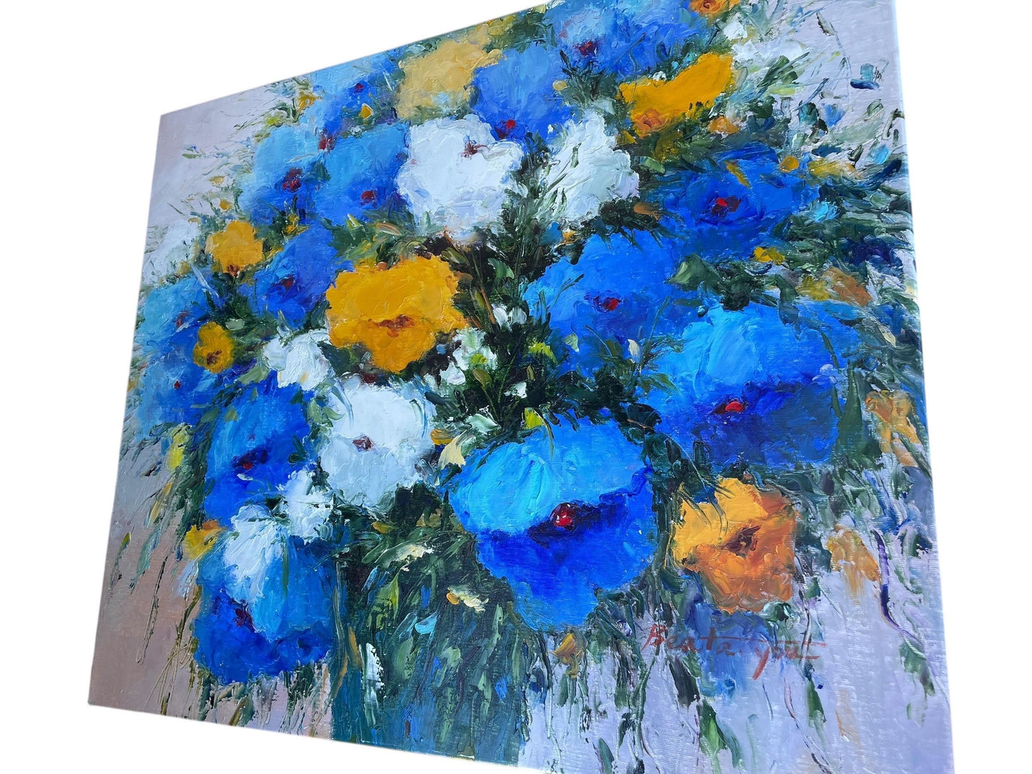Original Signed Abstract Floral Painting – Large Blue & Yellow Impasto Flowers, Hand-Painted Textured Canvas Art