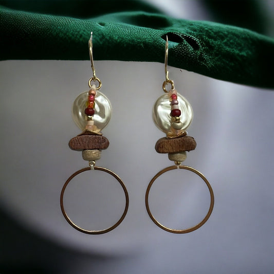 Multi material hoop earrings - layered wood, faux pearl, coral and shades of cream/brown glass seed beads, goldtone metal hoops