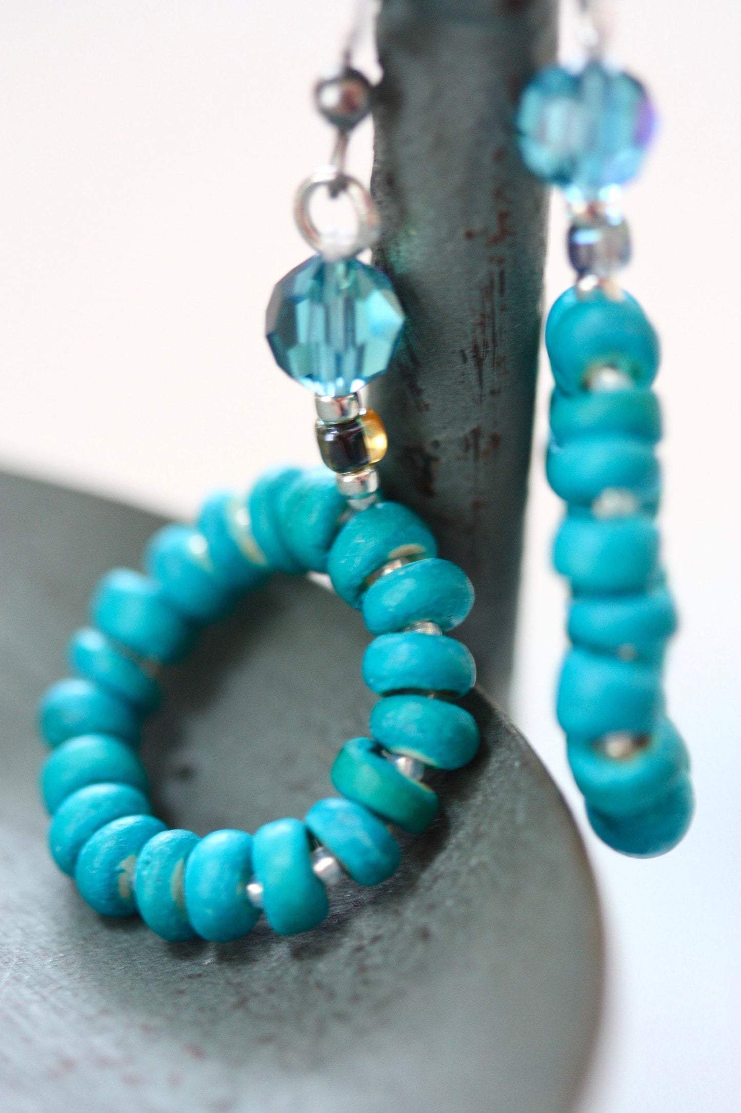 Blue wood heishi beads with crystal white glass spacers and blue faceted crystal dangle hoop earrings - vintage and new materials