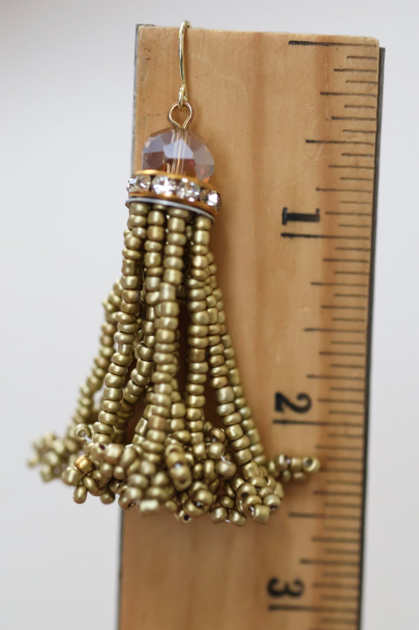 Stunning vintage beadwork gold tassel and crystal dangle earrings