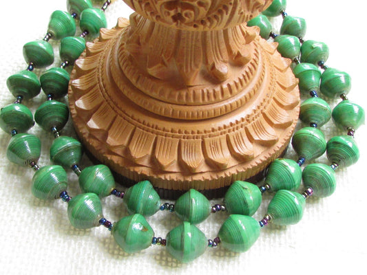 Unique green vintage artisan necklace - beads look like porcelain but are actually made of rolled paper that's been painted & sealed