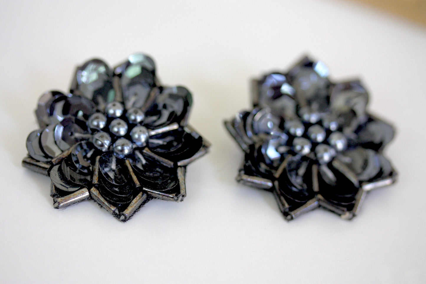 Vintage black sequin, black faux pearl and matching beadwork handmade floral fabric earrings