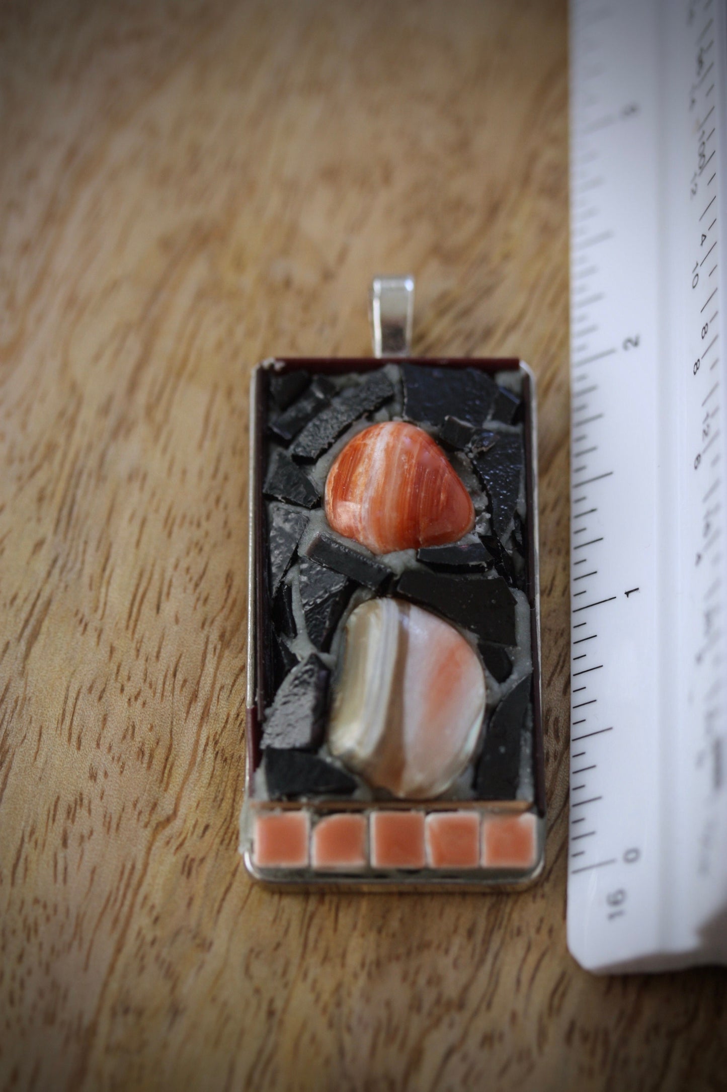 Handmade mixed material mosaic necklace - abalone, black glass, terra cotta orange colored ceramic