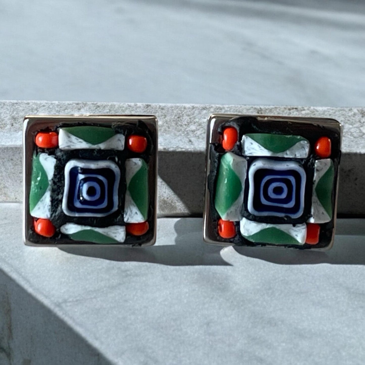 Square Micro Mosaic Millefiori Stud Earrings – 1/2" Handmade Glass Jewelry – Colorful Artisan Earrings – Gift for Her