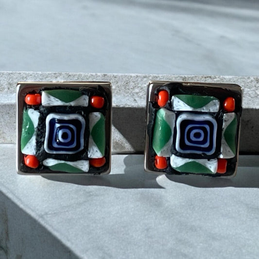 Square Micro Mosaic Millefiori Stud Earrings – 1/2" Handmade Glass Jewelry – Colorful Artisan Earrings – Gift for Her