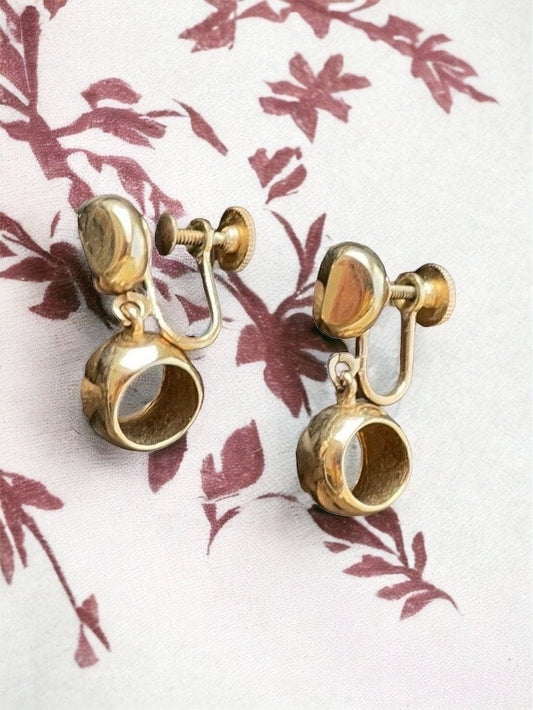 Unique gold hollowed small hoop dangle earrings - screwback clip earrings