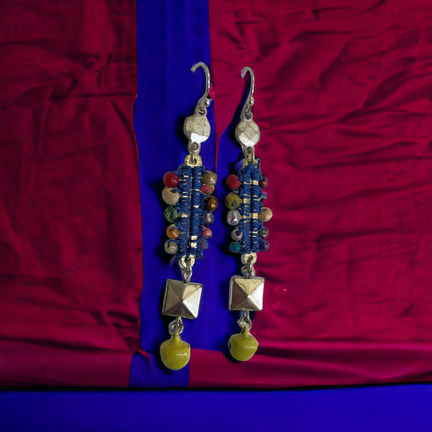 Mixed material collage earrings - metal, string, glass, and mustard yellow tiny bells