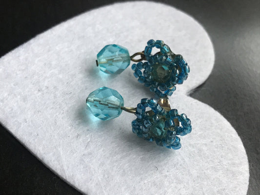 Small little blue beadwork vintage dangle earrings - for pierced ears
