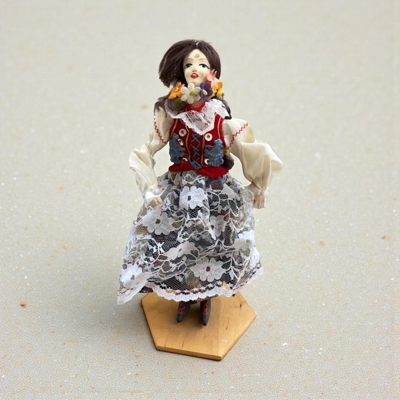 Vintage Polish Folk Doll, Krakow Region Traditional Costume, Embroidered Vest, Lace Apron, Floral Embellishments, collectible - please read