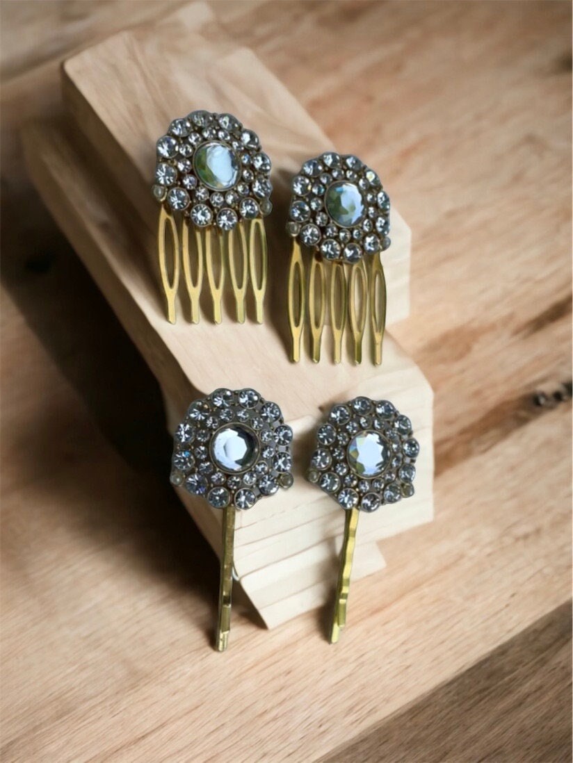 Pair of rhinestone hair combs or hair pins - all white rhinestones trimmed with tiny faux baby pearls