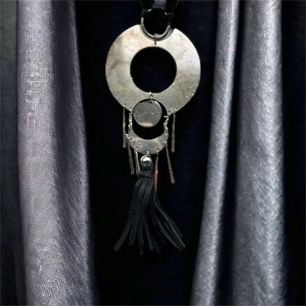 Unique vintage necklace with black suede and silvertone metal