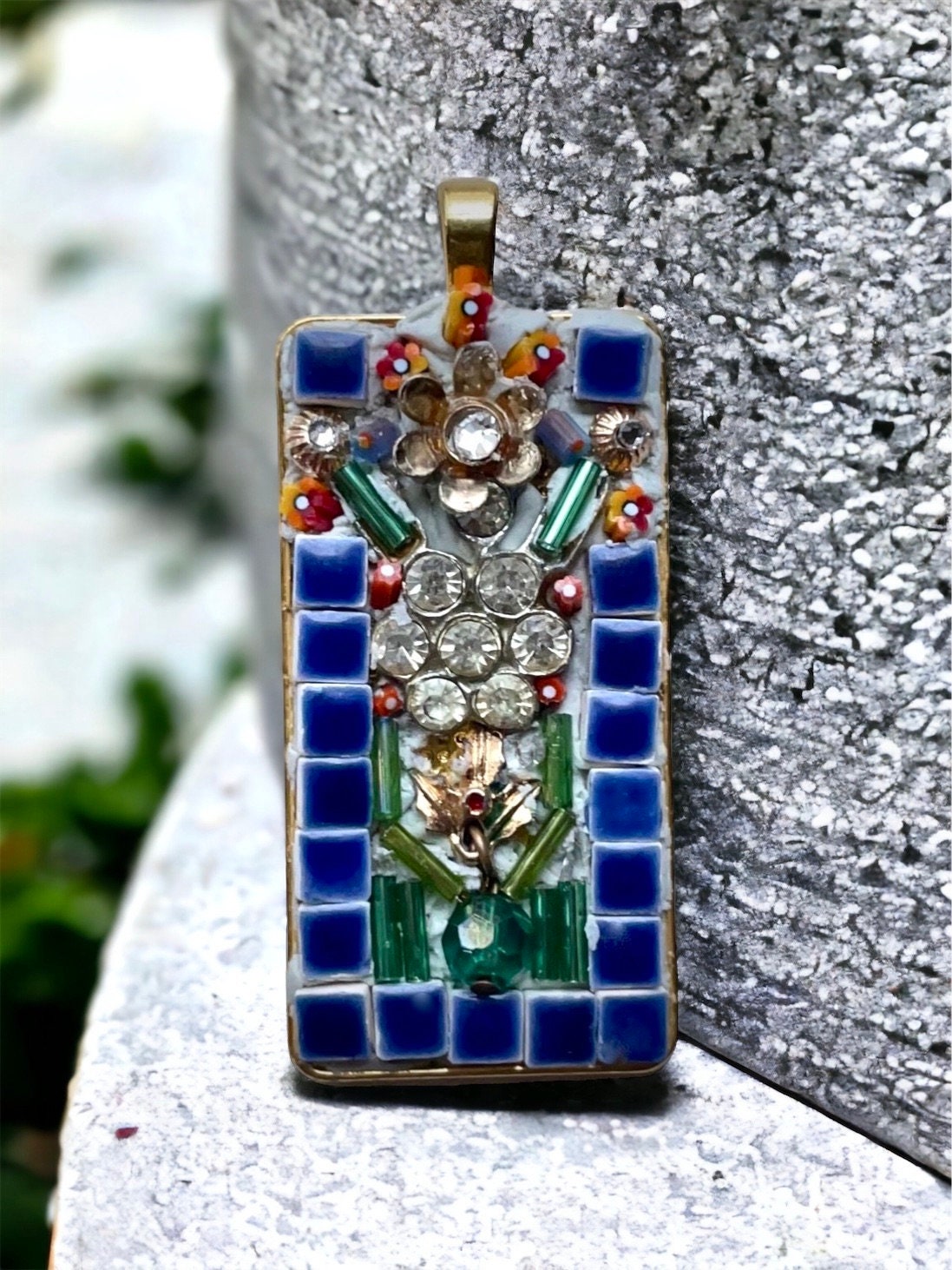 Mixed Material Micro Mosaic - tile, glass, metal and rhinestones - Assemblage art necklace pendant