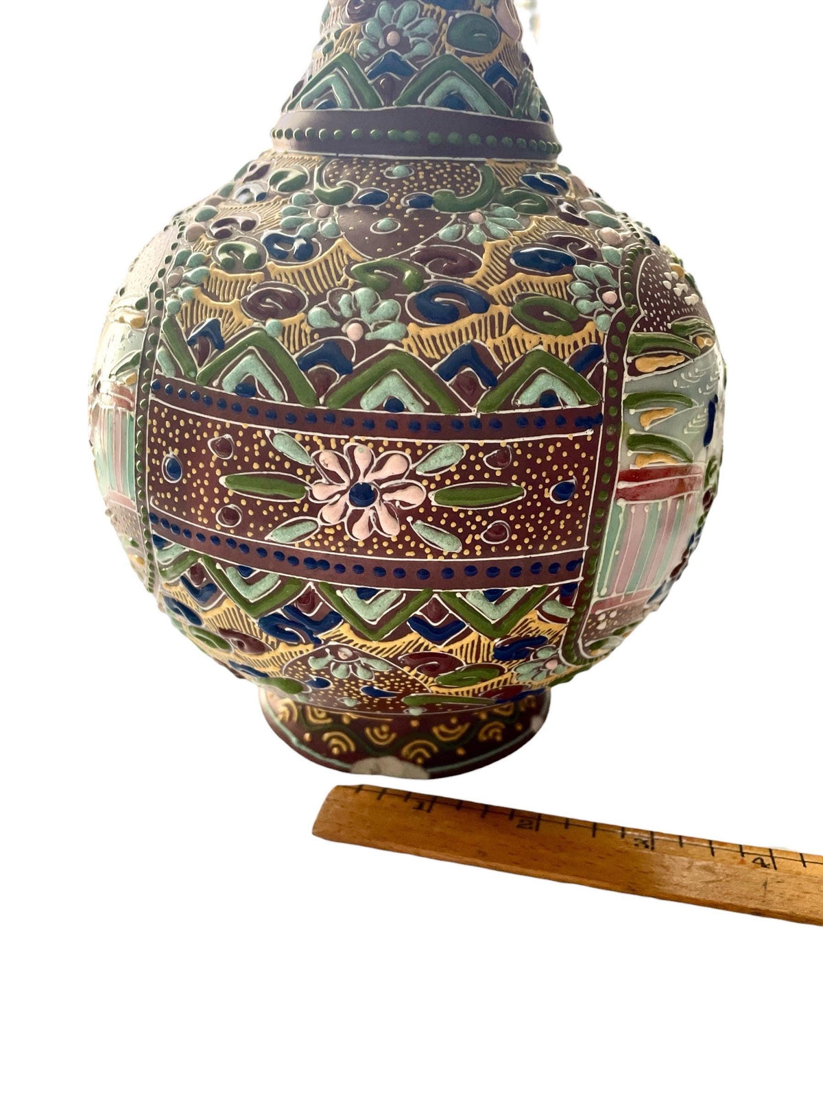 Antique Japanese Satsuma Moriage Pitcher | Hand Painted Figural Ewer Vase | Raised Enamel Gold Gilt | Meiji Style Art Pottery