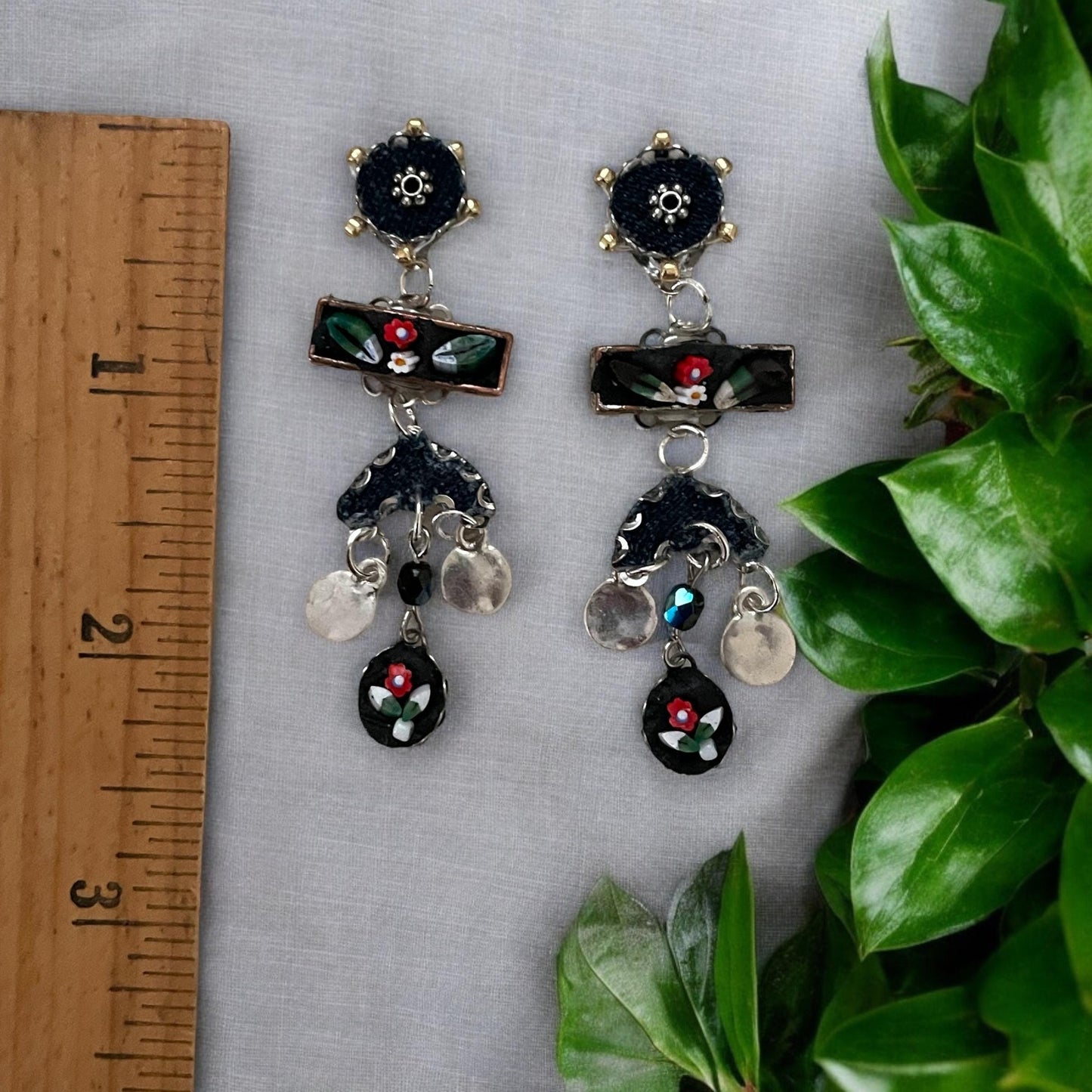 Handmade Italian and folk art inspired hand cut micro mosaic glass millefiori, denim and beadwork dangle earrings. Sterling silver ear wires