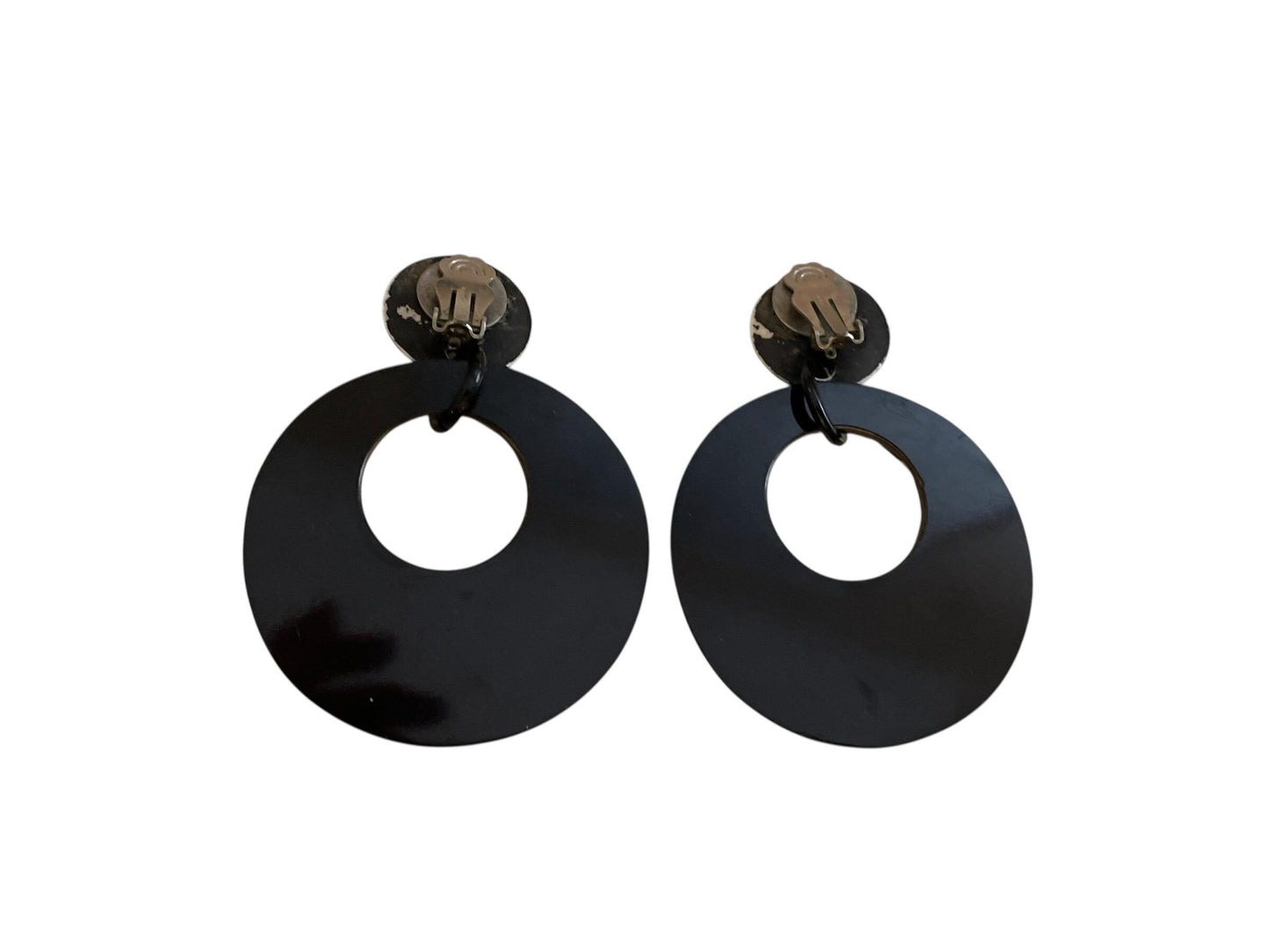 Vintage Inlaid Mother of Pearl & Black Hoop Earrings – Elegant Retro Statement Jewelry