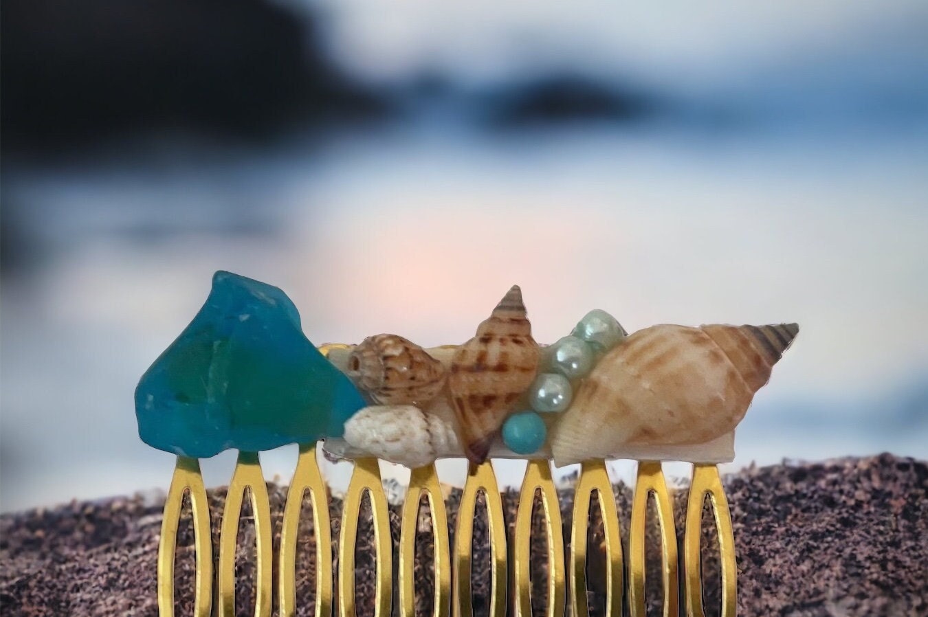 Stunning beach themed hair comb - starfish, stones, shells, faux pearls and blue sea glass on goldtone metal