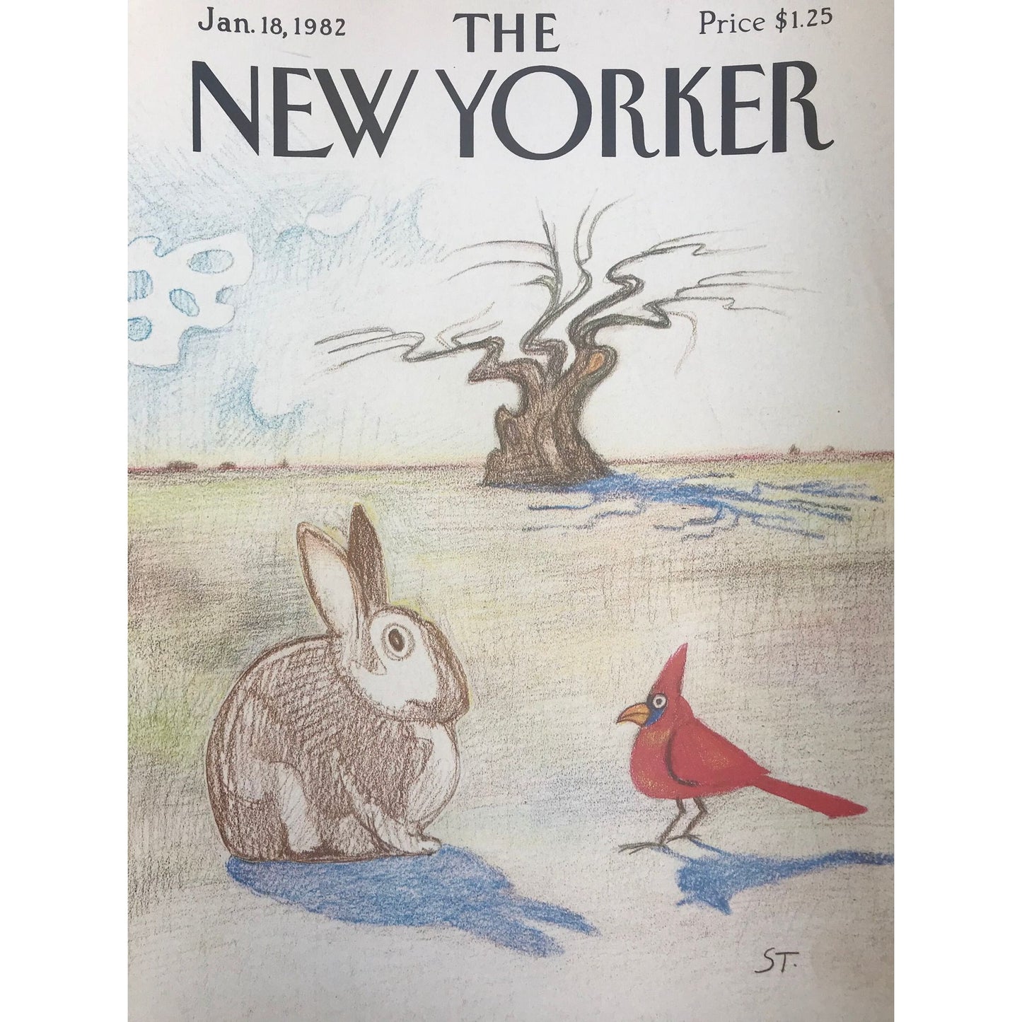 NEW YORKER Magazine original cover -  vintage -January 18, 1982 - cardinal bird and rabbit