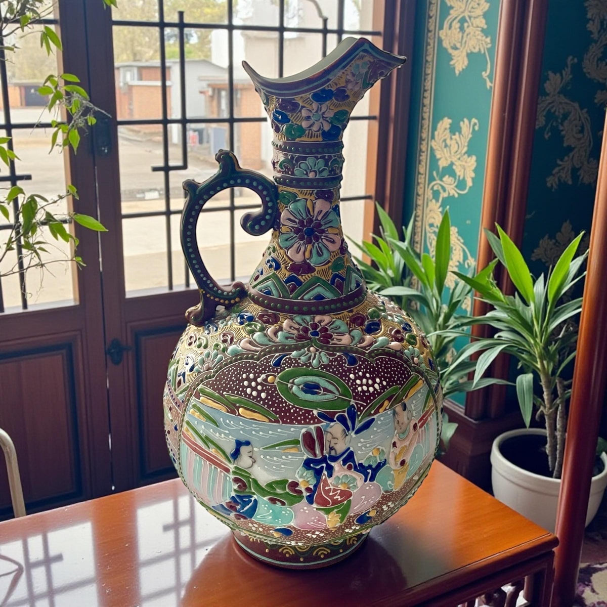 Antique Japanese Satsuma Moriage Pitcher | Hand Painted Figural Ewer Vase | Raised Enamel Gold Gilt | Meiji Style Art Pottery