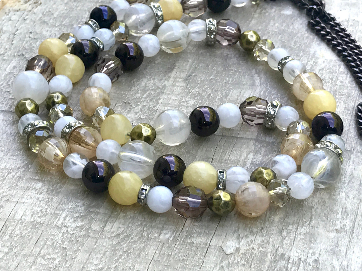 Long vintage beaded necklace - mixed material - swirled glass, crystal, metal, rhinestone, spacers
