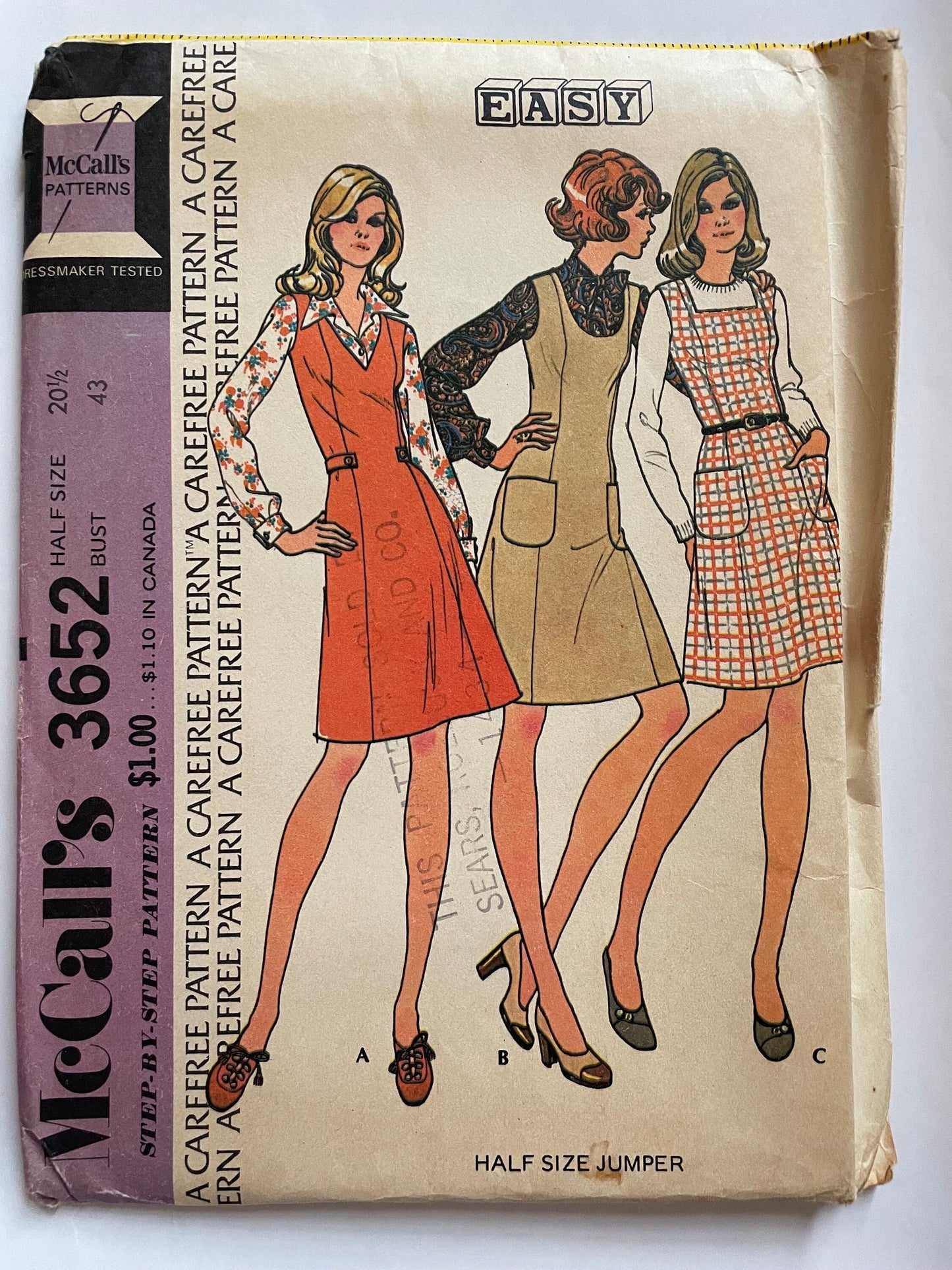 UNCUT Sewing Pattern - 1973 McCall's 3652 - Jumpers / dresses - sizes 12 - 24