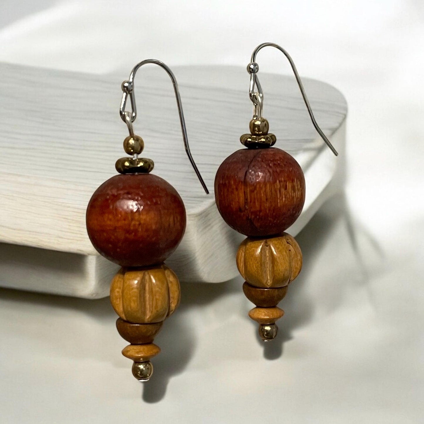 Handmade dangle earrings made with vintage wooden beads