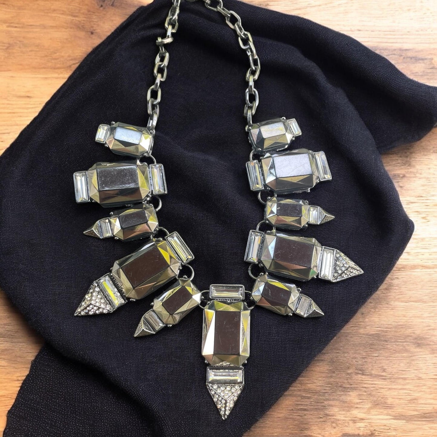 RJ Graziano Statement Necklace, Gunmetal Crystal Bib Necklace with pave rhinestones, Art Deco style Chunky Silver Jewelry, Geometric Glam