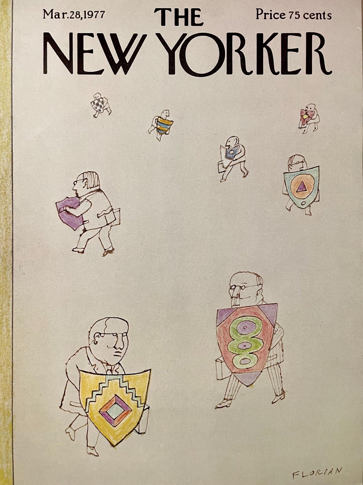 The NEW YORKER Magazine original cover - March 28, 1977 - by Douglas Florian featuring Businessmen holding shields