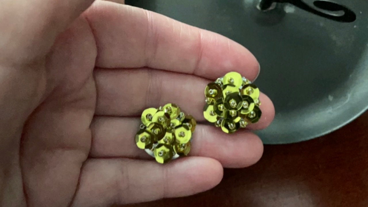 Gold sequin and beadwork stud earrings - for pierced ears OR clip on earrings - your preference