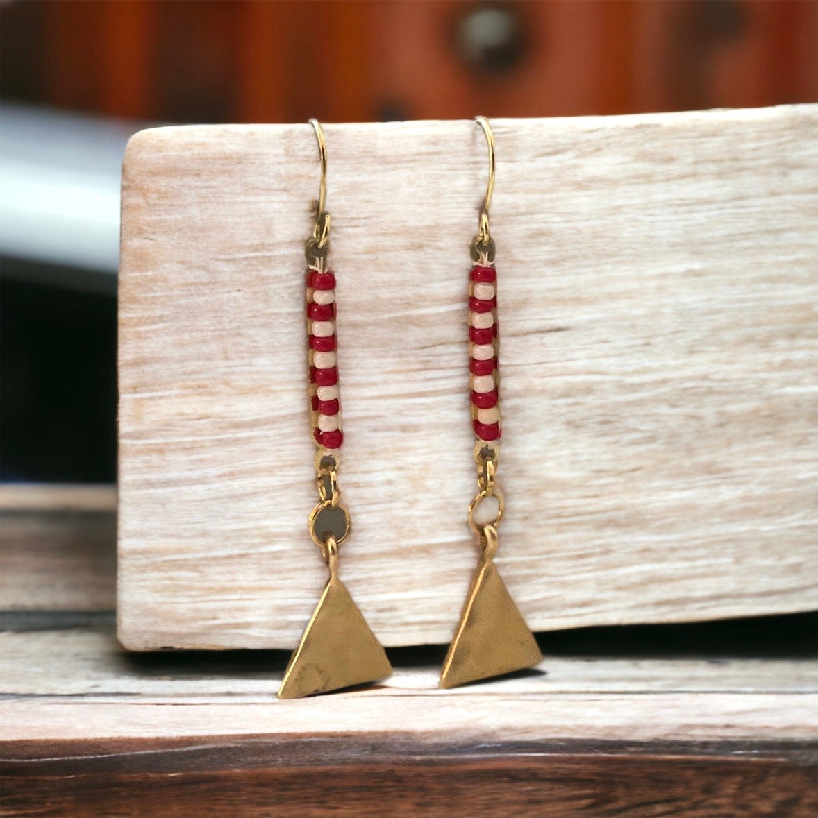 Charming little Christmas dangle earrings - red and white seed beads with hammered goldtone abstract Christmas tree