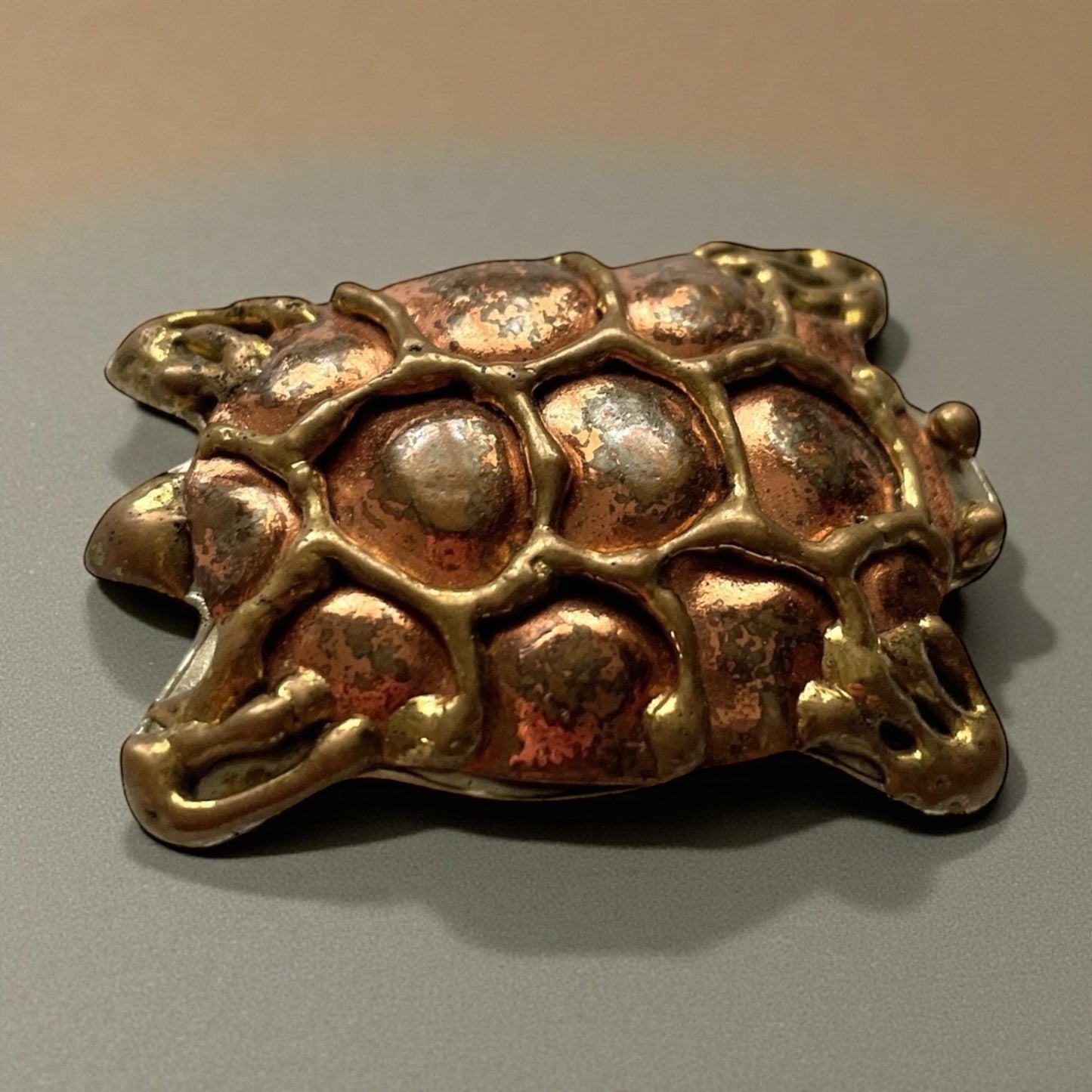 Rare Vintage Hecho en Mexico Turtle Pin • Brass & Copper Mixed Metal Brooch • Handmade Mexican Folk Art Jewelry • Tortoise Animal Pin