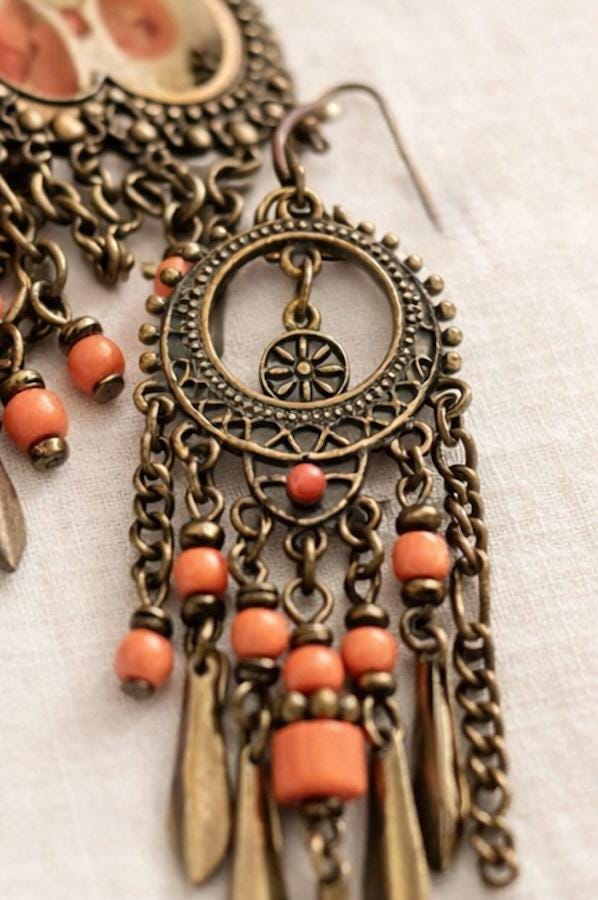 Boho Chandelier Earrings • Coral Bead Dangle Earrings • Faux Antique Brass • Bohemian Statement Earrings • Long Drop Earrings 3.25" long