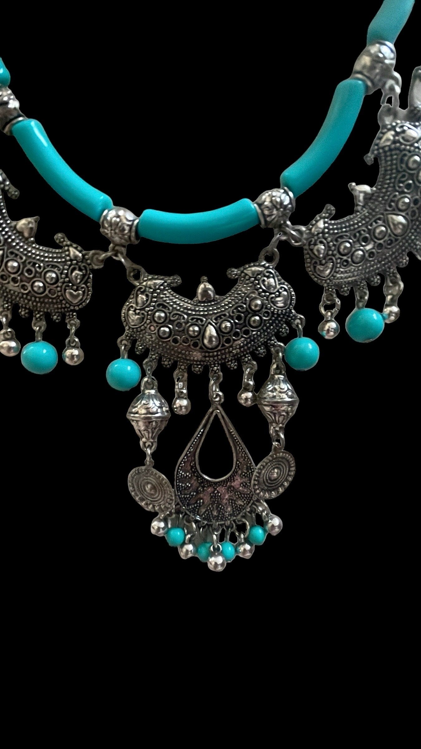 Exotic Indian style necklace with turquoise beaded balls/tubes and ornate silver trim