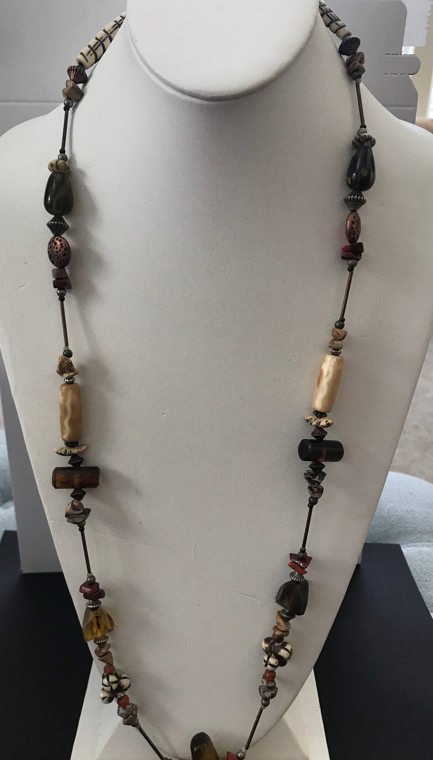 Unique mixed materials vintage tribal necklace - with wood and bone beads - and more - tribal, Native American style