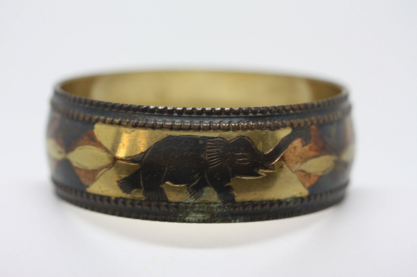 Brass Copper Bronze Elephant Bangle Bracelet – Mixed Metal Boho Jewelry, Safari Animal Cuff, Tribal Style Statement Bracelet