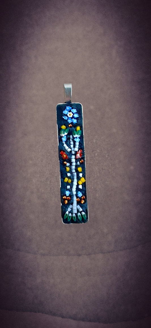 Folk-art inspired handmade mixed material micro mosaic necklace - hand cut Italian glass, millefiori, seed beads