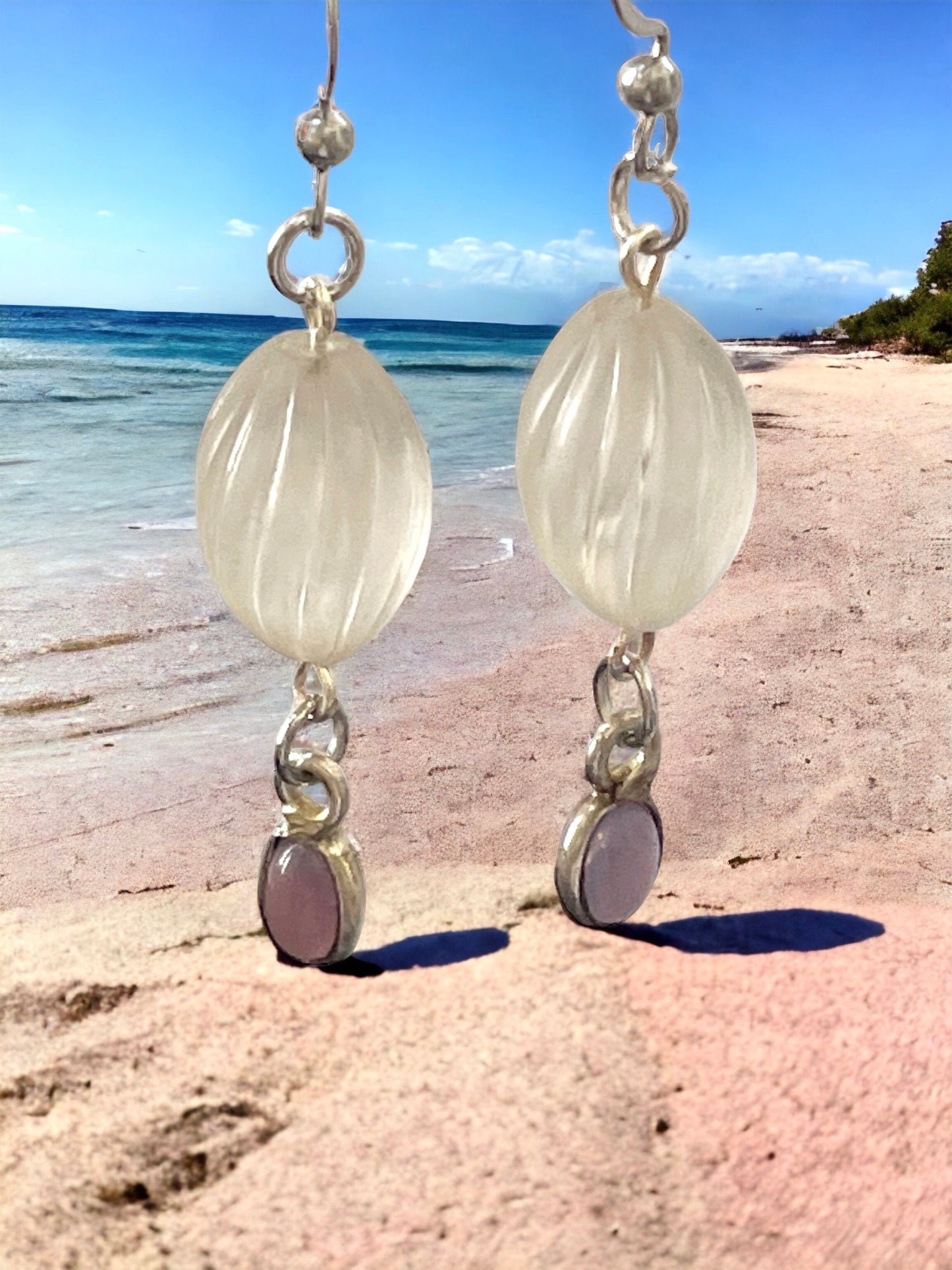 Long dangle earrings made of both new and vintage components - swirled frosted white with lavender dangles
