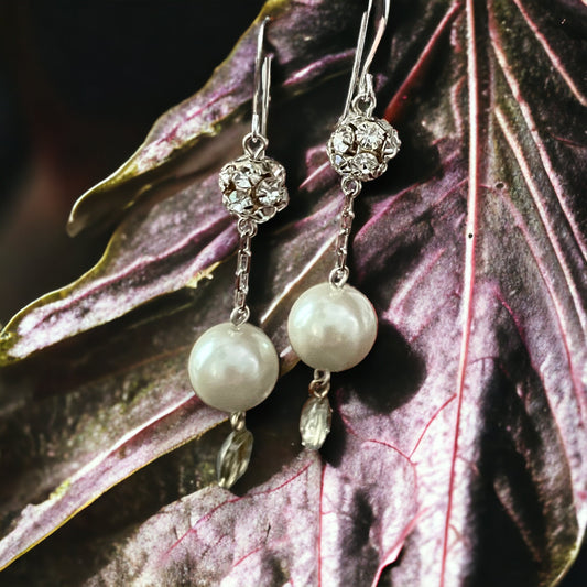 Rhinestone balls and pearls drop dangle earrings - sterling silver ear wires