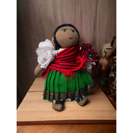 Stunning vintage Mexican? girl doll with braids, sandals and traditional clothing