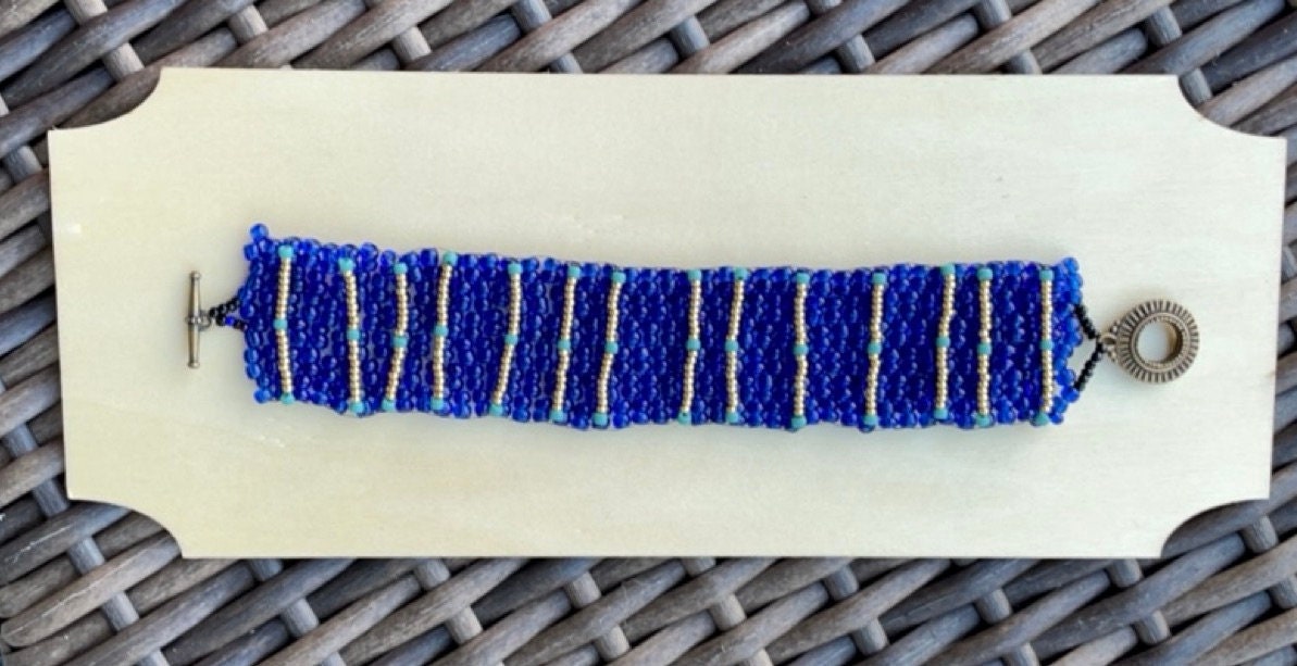 Stunning vintage royal blue, turquoise and gold handmade bead woven vintage beadwork bracelet