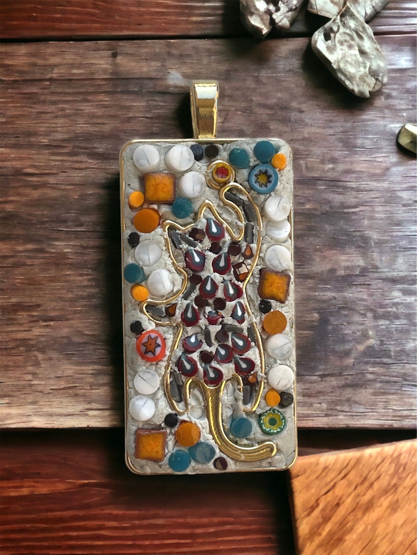 Handmade mixed material micro mosaic cat necklace - made from hand cut millefiori glass and tiles