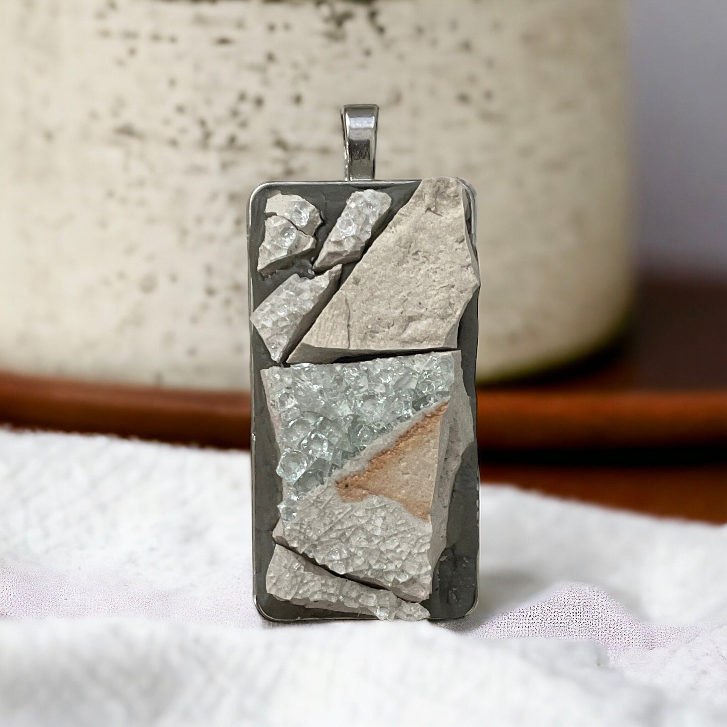 Handmade stone, cement and glass mosaic necklace - comes with a matching necklace chain