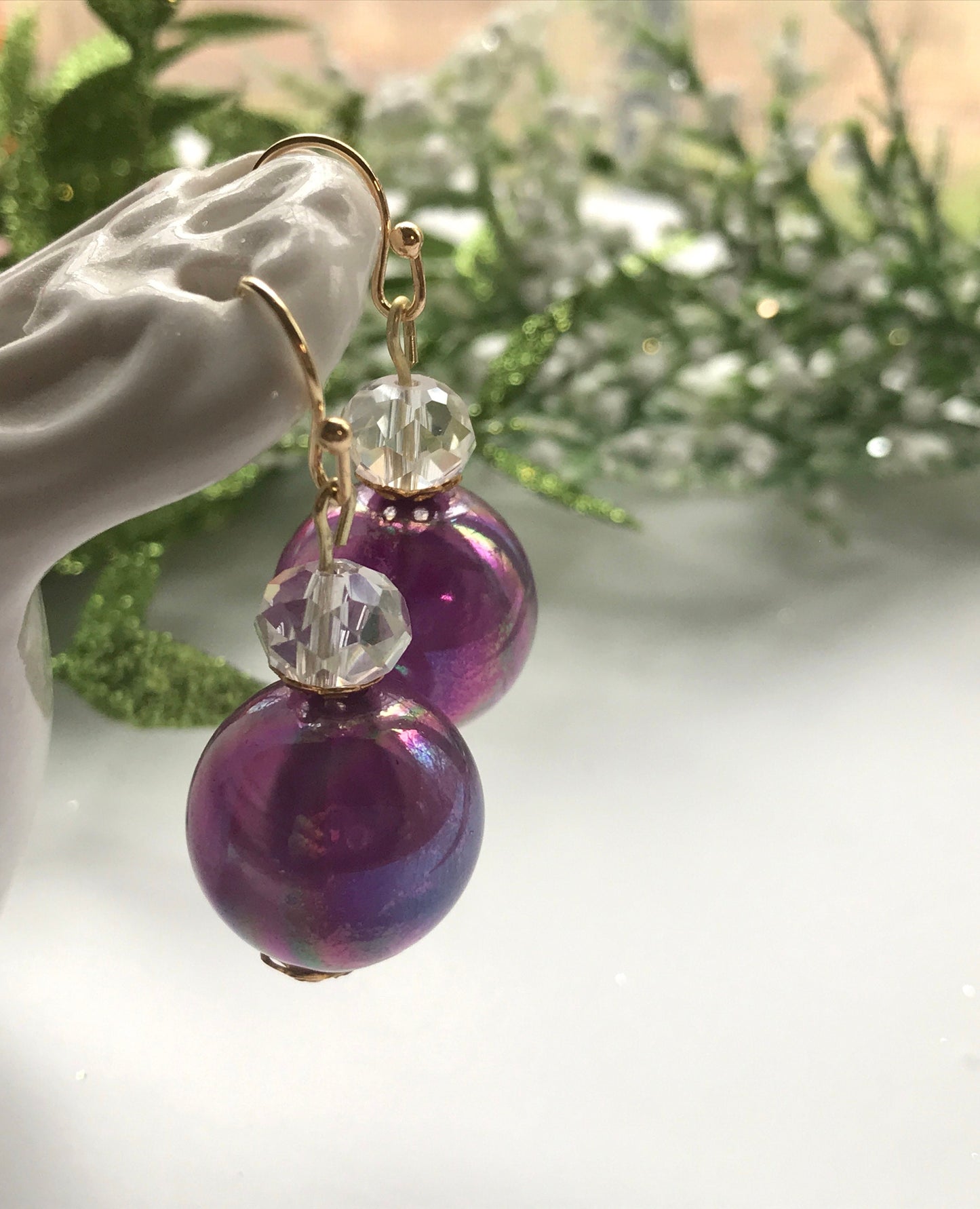 Handmade earrings with upcycled vintage purple glass ball dangles and faceted glass crystal