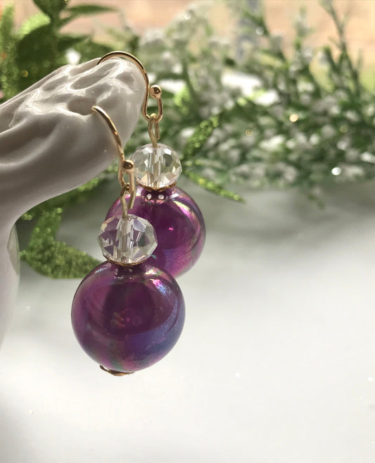 Handmade earrings with upcycled vintage purple glass ball dangles and faceted glass crystal