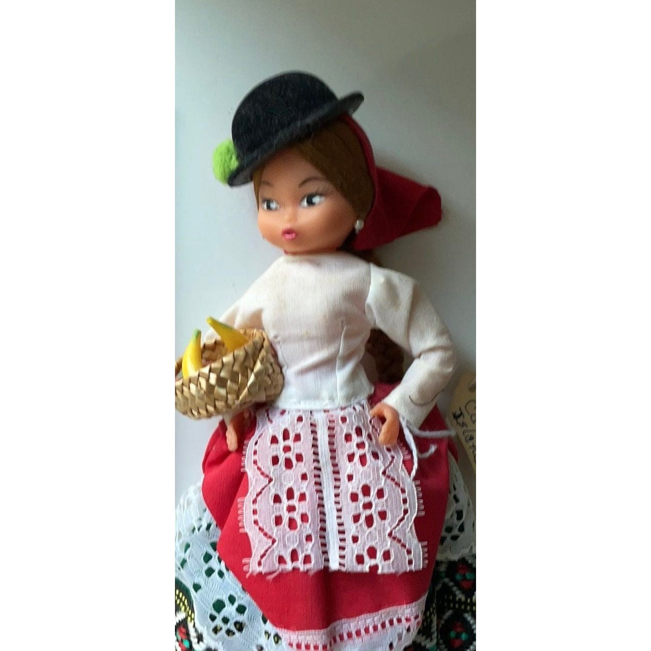 Vintage signed Muneca Artesana Beibi doll figurine - Made in Spain - holding wicker basket with miniature fruit