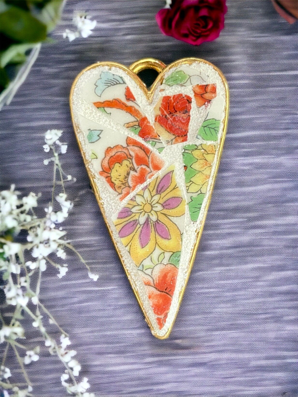 My handmade mosaic heart necklace - made from hand cut pieces of a broken vintage dish