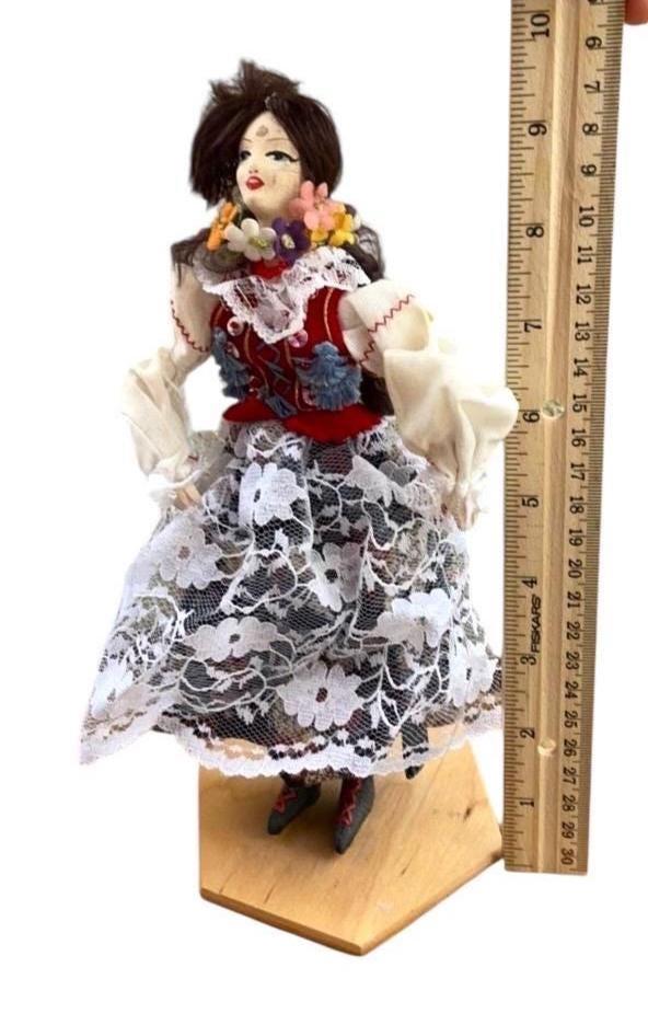 Vintage Polish Folk Doll, Krakow Region Traditional Costume, Embroidered Vest, Lace Apron, Floral Embellishments, collectible - please read